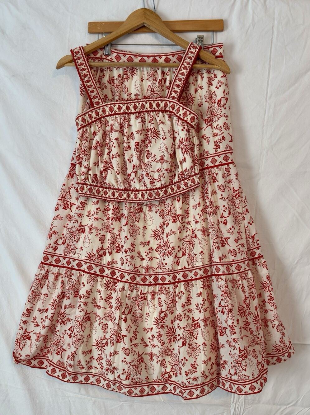 Japna 2 piece Cotton Maxi Tiered skirt & Crop top set, Red/white Floral Boho